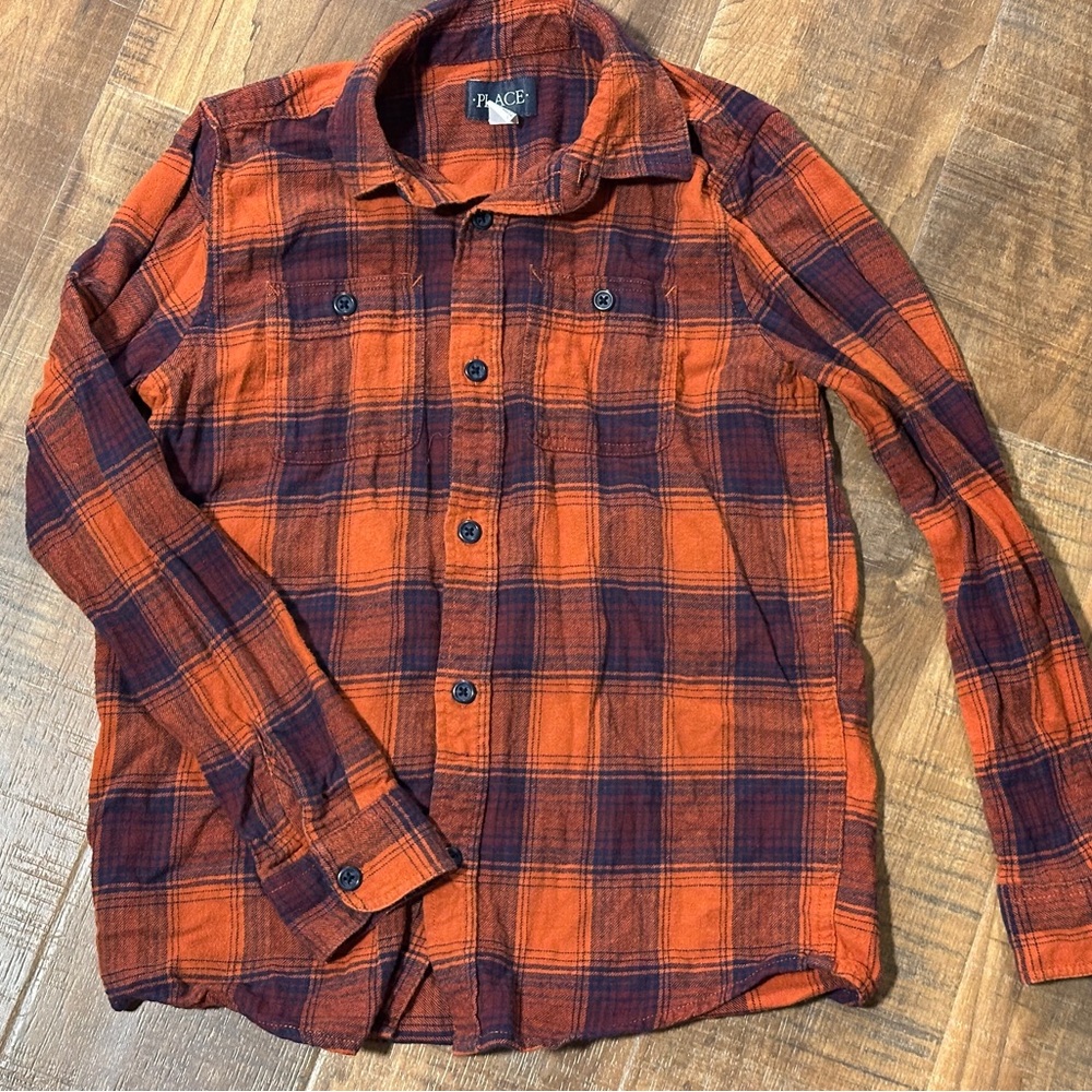 Boys Orange Plaid Flannel Button Up Shirt